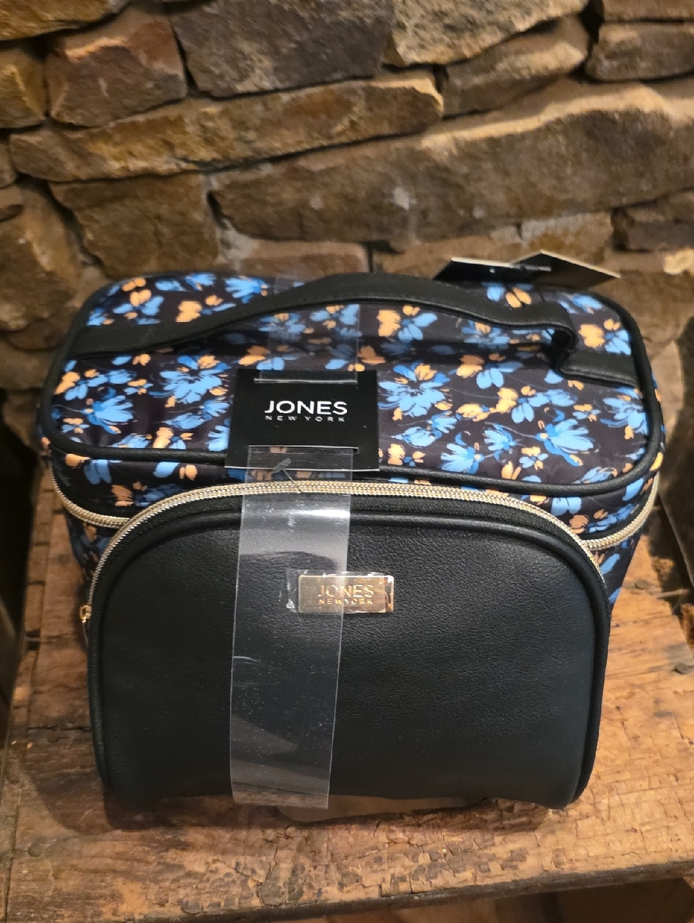 Jones New York Black Floral Travel Cosmetic Bag with Blue and Orange Accents